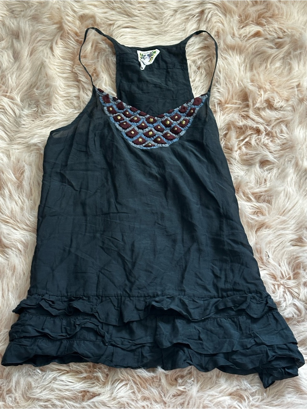 Free People | cotton embroidered ruffle bottom‎ charcoal tank sz 10